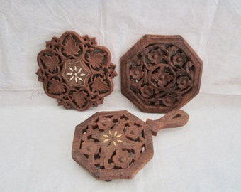 Vintage Carved Wood Trivet India Decorative Kitchen Dining Wood Trivet TRIO Trivet Hand Carved Vintage India Wall Decor Instant Lot Sale 3