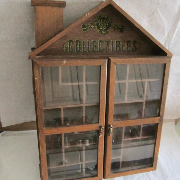 Vintage House Shaped Curio Cabinet w/ Glass & Typography Letters "COLLECTIBLES" Home Shape w/ chimney Compartment Cabinet Wall Display Case