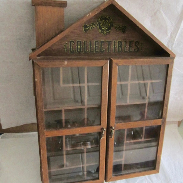 Vintage House Shaped Curio Cabinet w/ Glass & Typography Letters "COLLECTIBLES" Home Shape w/ chimney Compartment Cabinet Wall Display Case