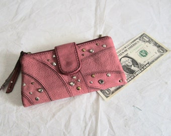 Vintage Fossil PINK Money Wallet Fossil Cards & Coin Soft Leather Decorated w/ Metal Buttons Pins Zipper and Multi Cards and Billes Pockets