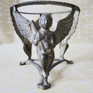 Vintage Angel Stand Brass Angel Cupid w/ Musical Instrument Lute Cherub Pedestal Stand Antique Cupid Angel Plant Stand Angel Candles Holder