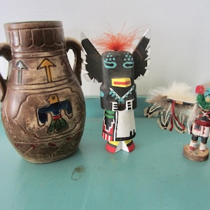 Vintage Southwestern Lot Decor Chalkware Thunderbird Vassel & 2  Wooden Totem Poles Handmade Native Indian Tiki Decor Souvenirs Instant SALE
