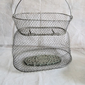Cesta de alambre francesa vintage plegable estilo pescador, rústica, de dos niveles, de malla, tejida, para cangrejos, plegable, con asas