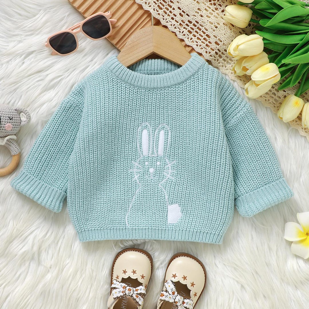 Baby Boy Bunny Knit Set – Blue Sweater & Beige Pants