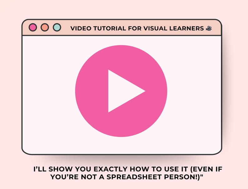 Puede incluir: Ilustraci&oacute;n digital de una interfaz de tutorial en v&iacute;deo. La interfaz presenta una pantalla blanca con un gran bot&oacute;n de reproducci&oacute;n rosa en el centro. El texto en la parte superior dice "VIDEO TUTORIAL FOR VISUAL LEARNERS". Debajo, el texto dice: "I'LL SHOW YOU EXACTLY HOW TO USE IT (EVEN IF YOU'RE NOT A SPREADSHEET PERSON!)"