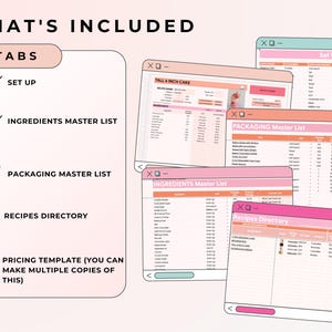Puede incluir: Imagen de producto digital con un tema rosa y blanco. El texto "WHAT'S INCLUDED" est&aacute; en la parte superior, con una lista de 5 pesta&ntilde;as: Set Up, Ingredients Master List, Packaging Master List, Recipes Directory y Pricing Template. Varias ventanas de hoja de c&aacute;lculo son visibles.