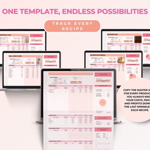Puede incluir: Una plantilla de recetas digitales se muestra en m&uacute;ltiples computadoras port&aacute;tiles y tabletas. Las pantallas muestran varias recetas, incluyendo pasteles de boda y pan de masa madre. El texto en la imagen dice "ONE TEMPLATE, ENDLESS POSSIBILITIES" y "TRACK EVERY RECIPE."