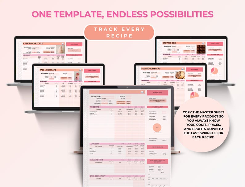 Puede incluir: Una plantilla de recetas digitales se muestra en m&uacute;ltiples computadoras port&aacute;tiles y tabletas. Las pantallas muestran varias recetas, incluyendo pasteles de boda y pan de masa madre. El texto en la imagen dice "ONE TEMPLATE, ENDLESS POSSIBILITIES" y "TRACK EVERY RECIPE."