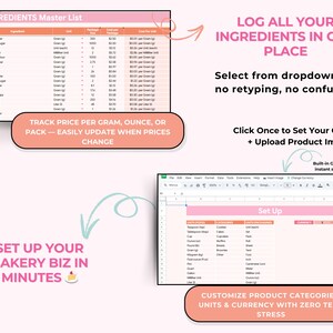 Puede incluir: Una hoja de c&aacute;lculo digital rosa y blanca con el t&iacute;tulo "INGREDIENTS Master List" y el texto "LOG ALL YOUR INGREDIENTS IN ONE PLACE". La imagen tambi&eacute;n incluye el texto "TRACK PRICE PER GRAM, OUNCE, OR PACK" y "SET UP YOUR BAKERY BIZ IN MINUTES".
