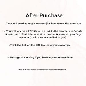 Puede incluir: Fondo blanco con el texto "After Purchase" en negro. La imagen proporciona instrucciones sobre c&oacute;mo usar una plantilla despu&eacute;s de la compra, incluida la necesidad de una cuenta de Google y c&oacute;mo acceder a la plantilla a trav&eacute;s de un archivo PDF.