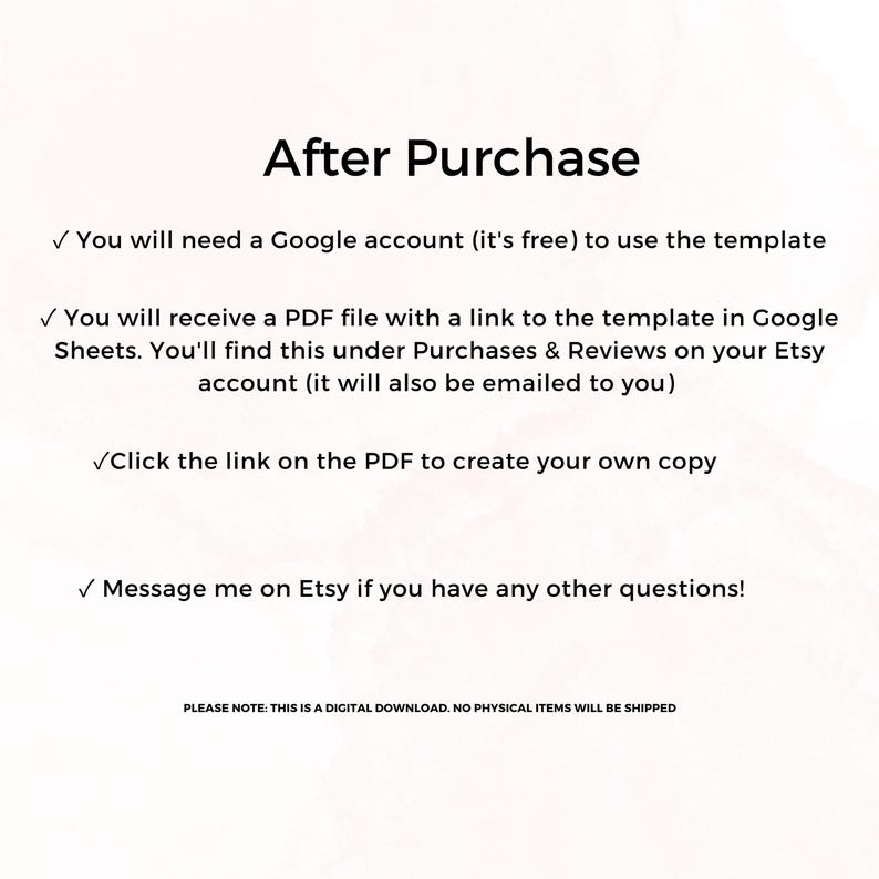 Puede incluir: Fondo blanco con el texto "After Purchase" en negro. La imagen proporciona instrucciones sobre c&oacute;mo usar una plantilla despu&eacute;s de la compra, incluida la necesidad de una cuenta de Google y c&oacute;mo acceder a la plantilla a trav&eacute;s de un archivo PDF.