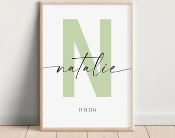 Custom Nursery Initial Print, Personalized Name Poster, Unisex Baby Name Wall Art, Kids Room Printable Decor, Birthday Gift for Girl/Boy