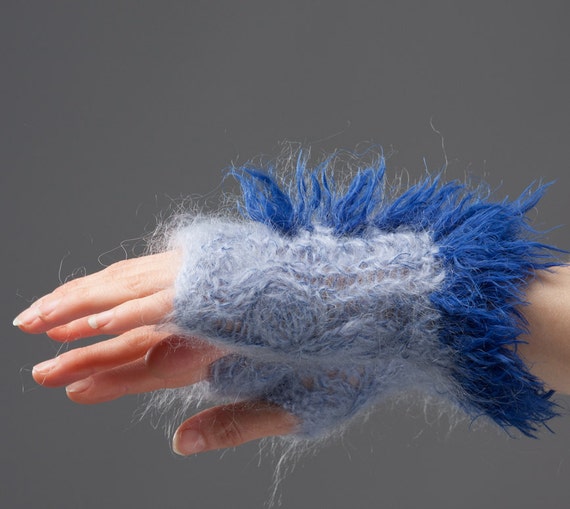 Items similar to Hand knitted warm blue mohair fingerless mittens