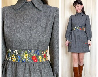 70s grey embroidered floral dress