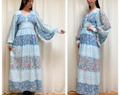 Ethereal 70s powder blue and pink rose angel sleeve maxi dress