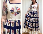 70s handmade navy patchwork quilt print maxi dress small