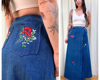 70s embroidered denim maxi skirt