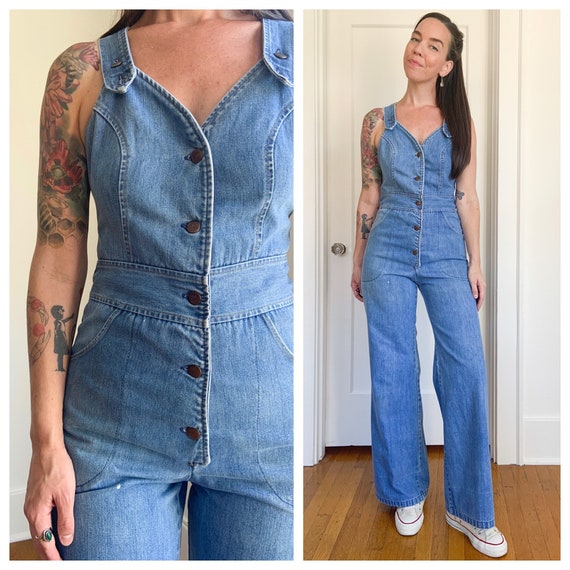 1970s western light wash denim overalls jumpsuit M