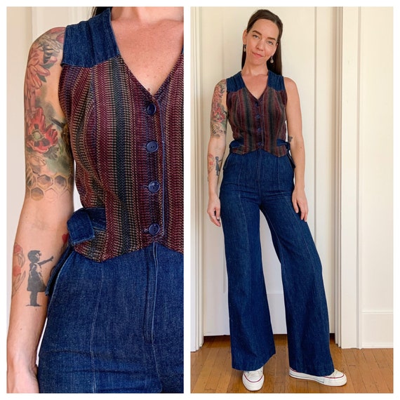 70s Oops California dark blue denim and velvet jum