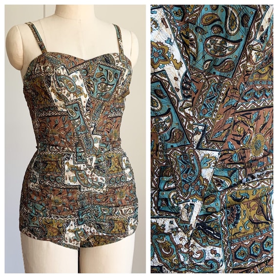 50s olive and teal Jantzen one piece bathing suit