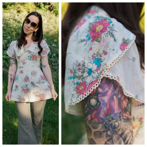 70s Sunny Lee floral flutter sleeve top
