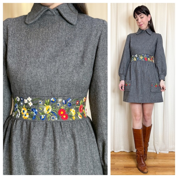 70s grey embroidered floral dress - image 1