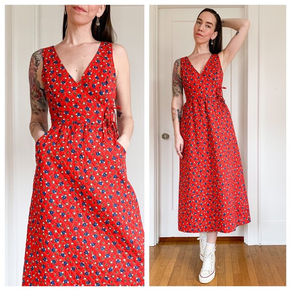 70s Lanz Originals red calico floral quilted dress
