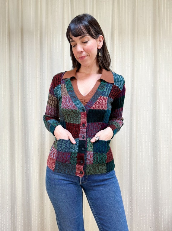 70s jewel tone checked space dye cardigan