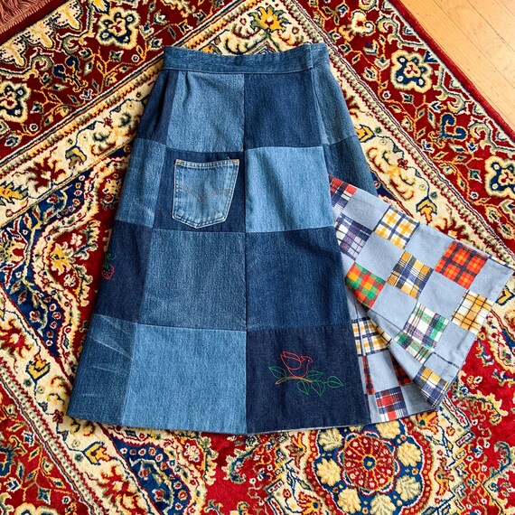 70s handmade embroidered patchwork denim wrap skir