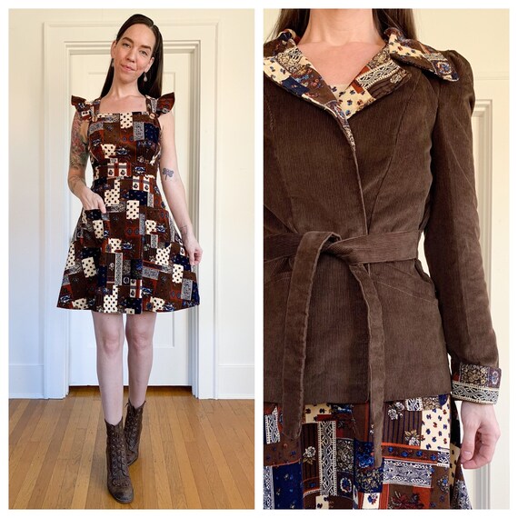 70s corduroy dress and jacket two piece outfit