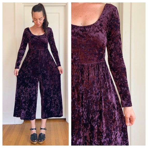 90s purple crushed velvet wide leg jumpsuit