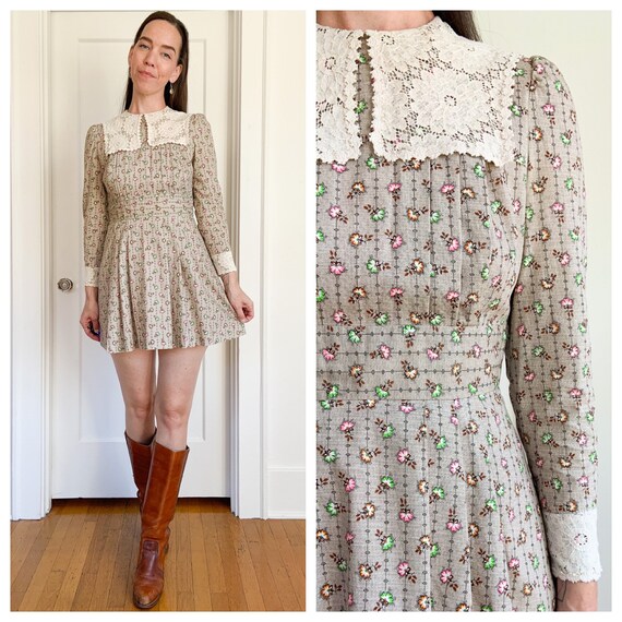 Young Edwardian 70s mini dress with crochet lace c