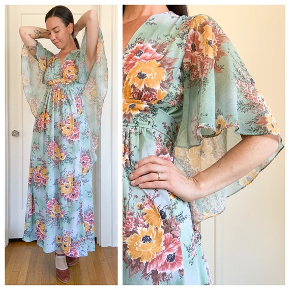 70s green floral angel sleeve maxi dress