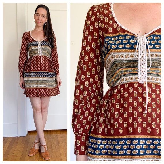 70s lace up bust maroon prairie mini dress XS-Smal