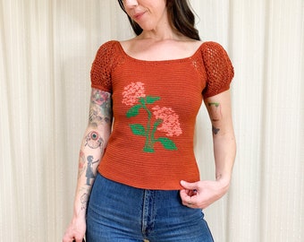 70s crochet handmade rose top