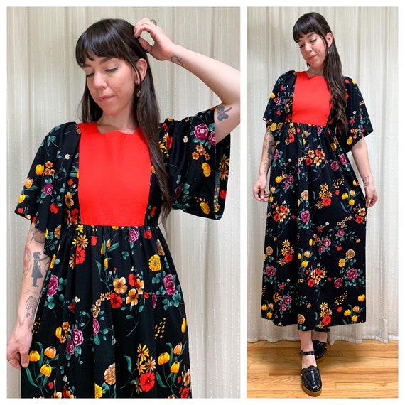 70s handmade bold floral bell sleeve maxi