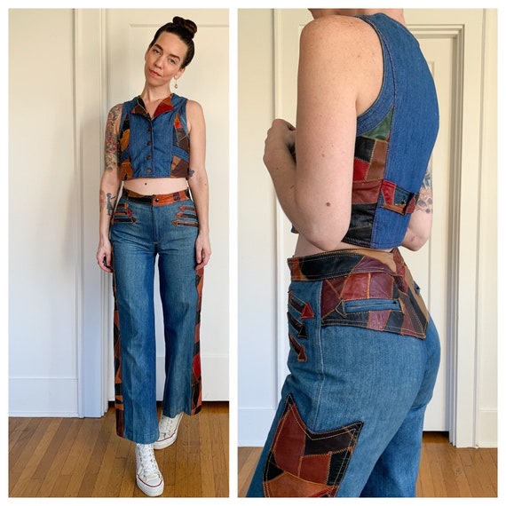 70s denim and patchwork leather 2 piece pants and