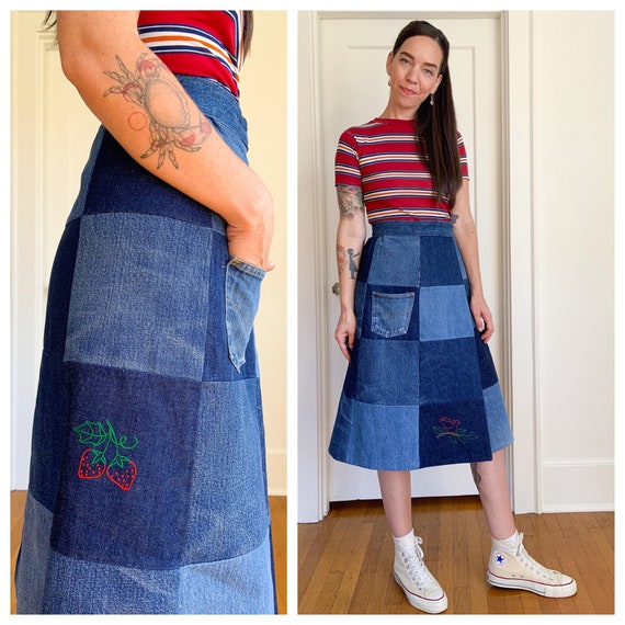 70s handmade embroidered patchwork denim wrap skir