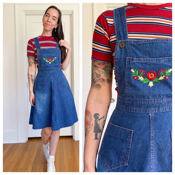 70s embroidered denim overall dress
