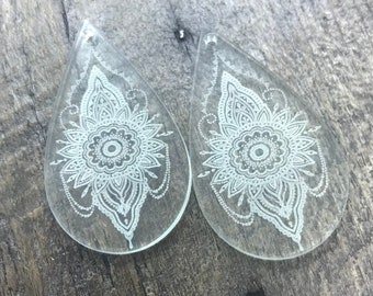 Engraved Clear Glass Earring Drops Pair - Components - Jewelry Blanks