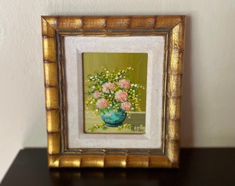 VINTAGE June Holiber original floral painting, oil painting, gold frame, pink flowers, 6 x 7