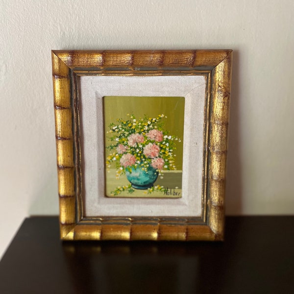 VINTAGE June Holiber original floral painting, oil painting, gold frame, pink flowers, 6 x 7