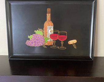 VINTAGE Couroc Rectangle Black Serving Tray, Wine, Grapes, Charcuterie, Happy Hour, Hostess gift,  18 x 12.5