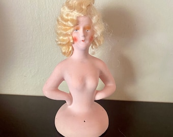 VINTAGE half doll plaster, blonde hair, marked Germany, coiffed hair, wavy hair, burlesque, repurpose, collect, display