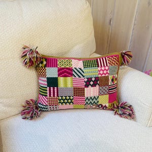 VINTAGE handmade Crewel accent pillow 1977. Pinks, greens, patchwork pattern, removable cover. Washable. Bohemian
