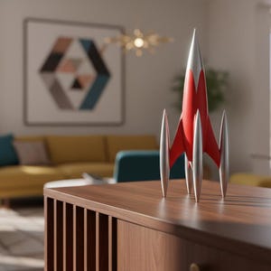 May include: A retro-style rocket ship figurine with a red and silver color scheme. The rocket has a pointed silver nose and silver fins. It is displayed on a wooden surface, suggesting a decorative or collectible item.
