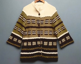 60's wool cardigan / vintage sweater jacket / textured knit / EARTH TONES / size medium or large
