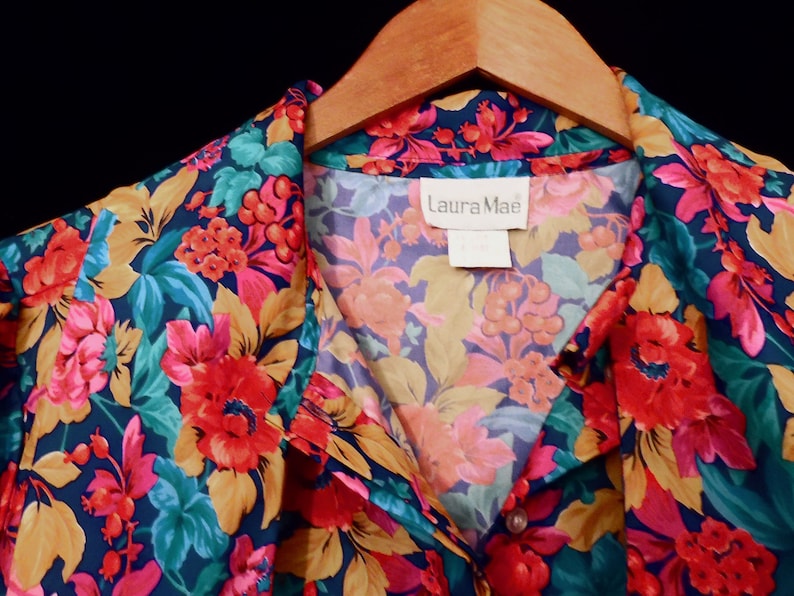 80/'s FLORAL puff sleeve blouse made in USA vintage shirt size 12 by Laura Mae