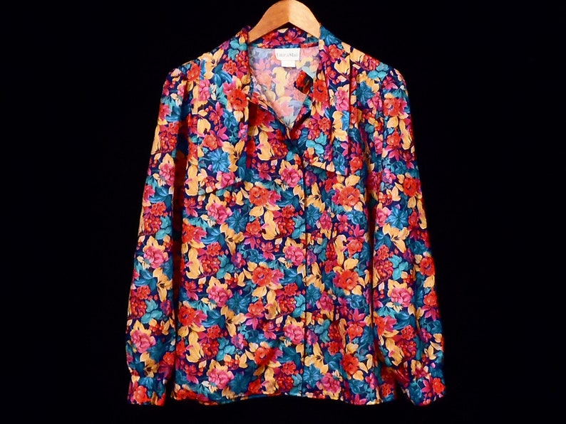 80/'s FLORAL puff sleeve blouse made in USA vintage shirt size 12 by Laura Mae