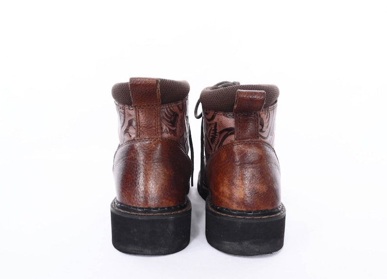 90/'s chunky ankle boots square toe lace up ankle boots vintage tooled leather booties women/'s size 6.5